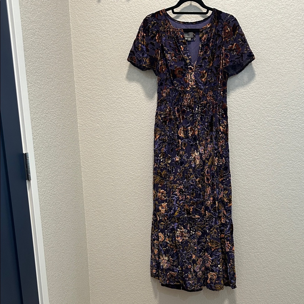Anthropologie Somerset Velvet Lined Purple Floral Maxi Dress with Short Sleeves